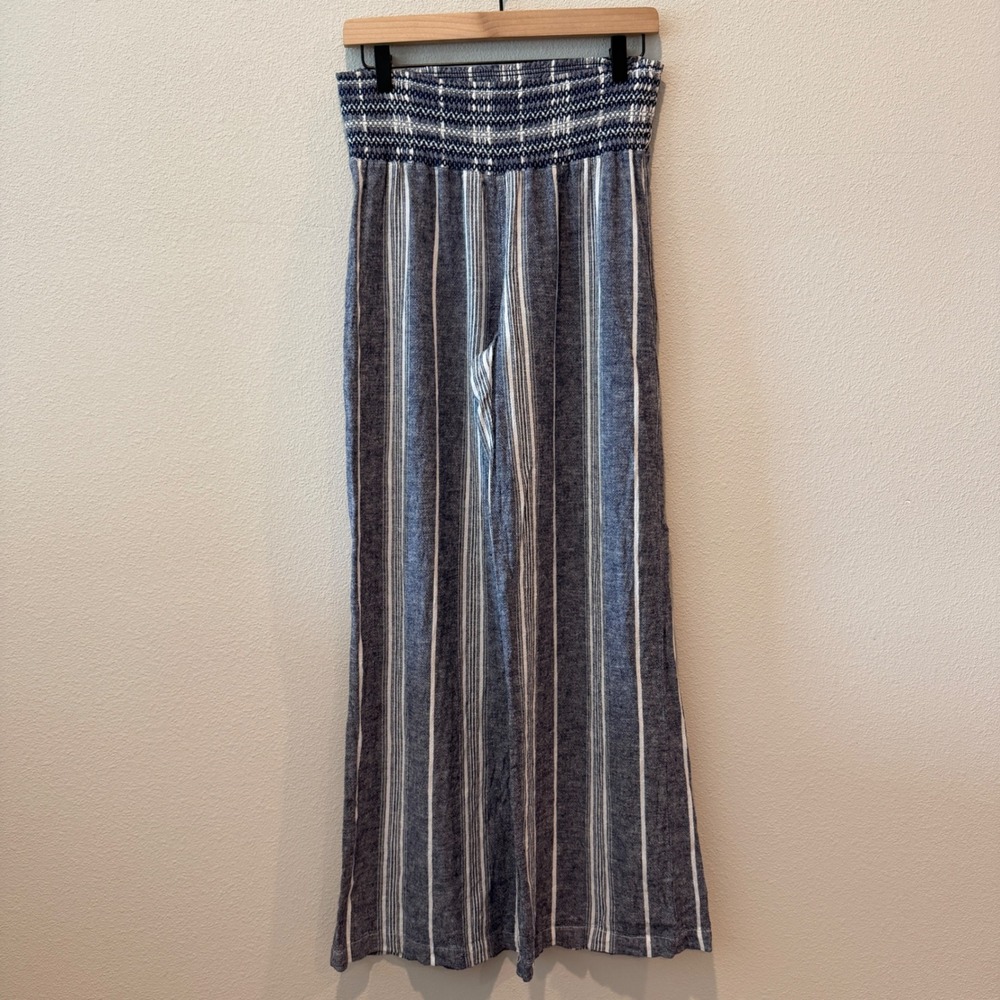 Women's Striped Wide Leg Pants Size L Coastal Boho Linen Blend Summer Beachy